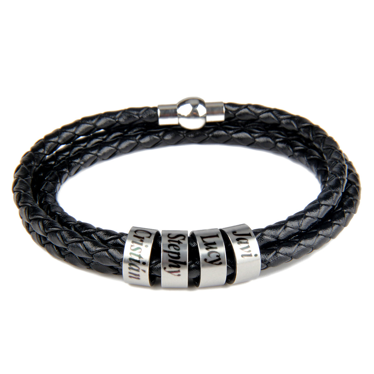 Engraved Titanium Beads Leather Bracelet